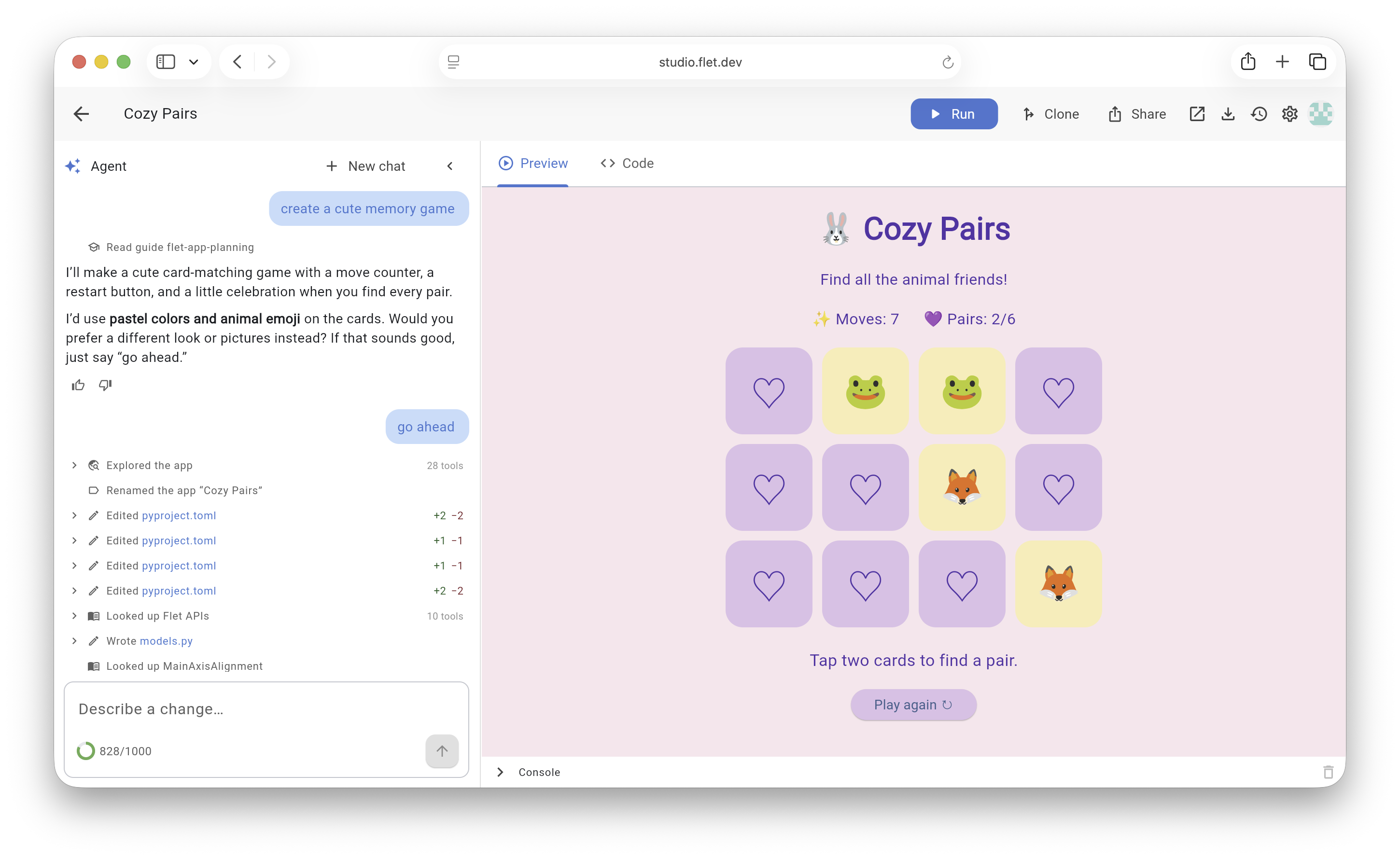Flet Studio editor with file browser, code area, and live preview panel